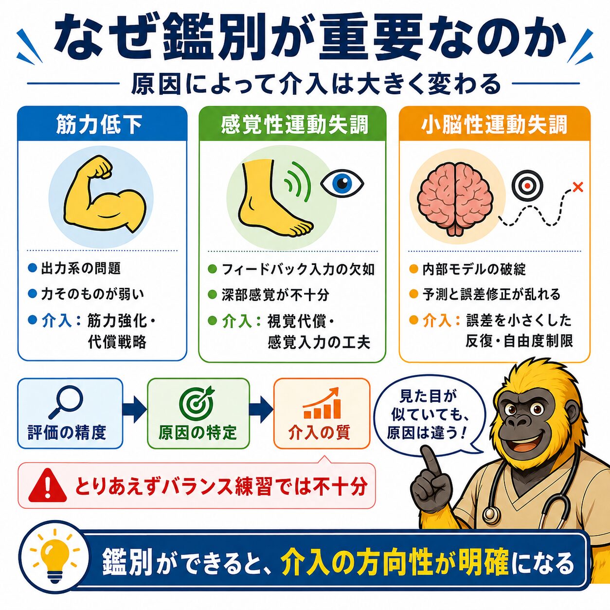なぜ鑑別が重要なのか：筋力低下・感覚性運動失調・小脳性運動失調の違いと介入方針