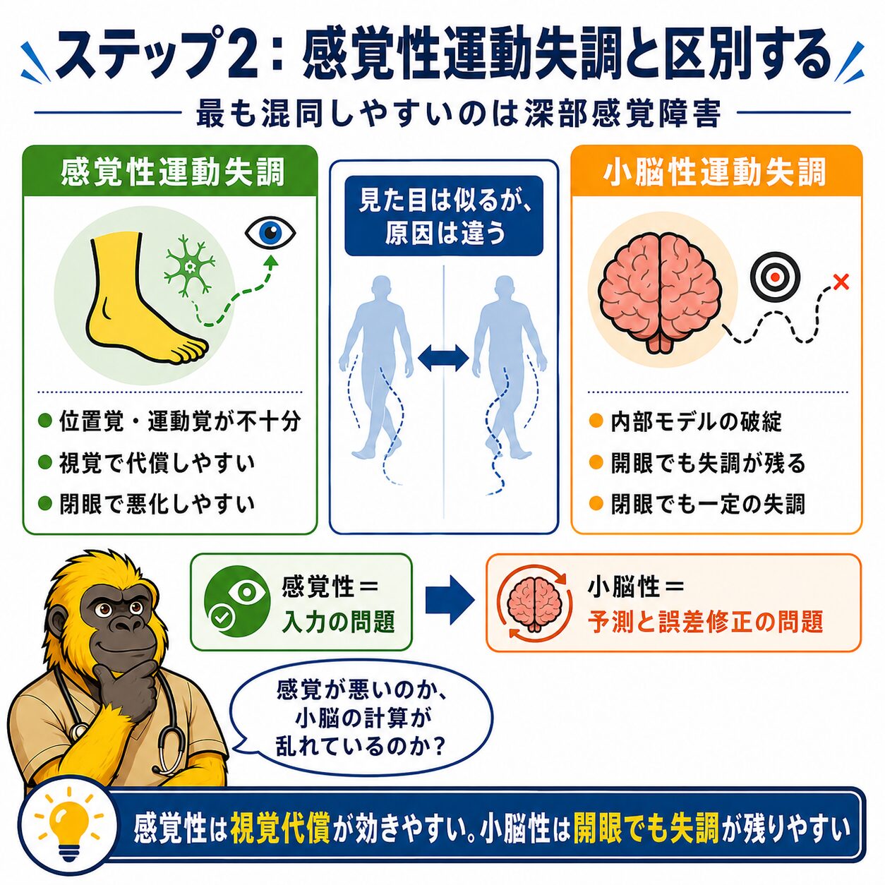 ステップ2：感覚性運動失調と小脳性を区別する。視覚依存の有無・閉眼での変化が鑑別のカギ