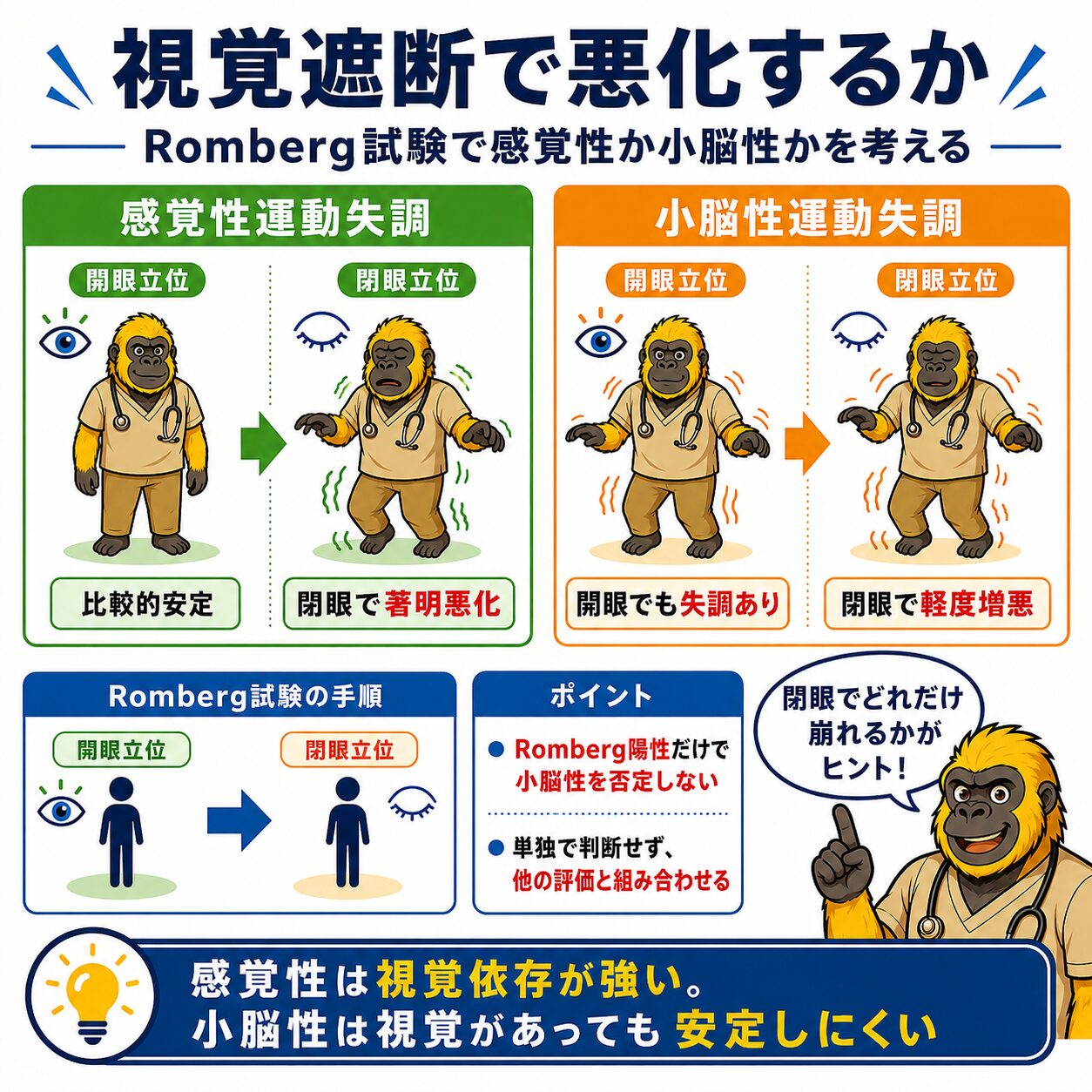 視覚遮断で悪化するか：Romberg試験で感覚性か小脳性かを考える。開眼・閉眼での動揺の違い