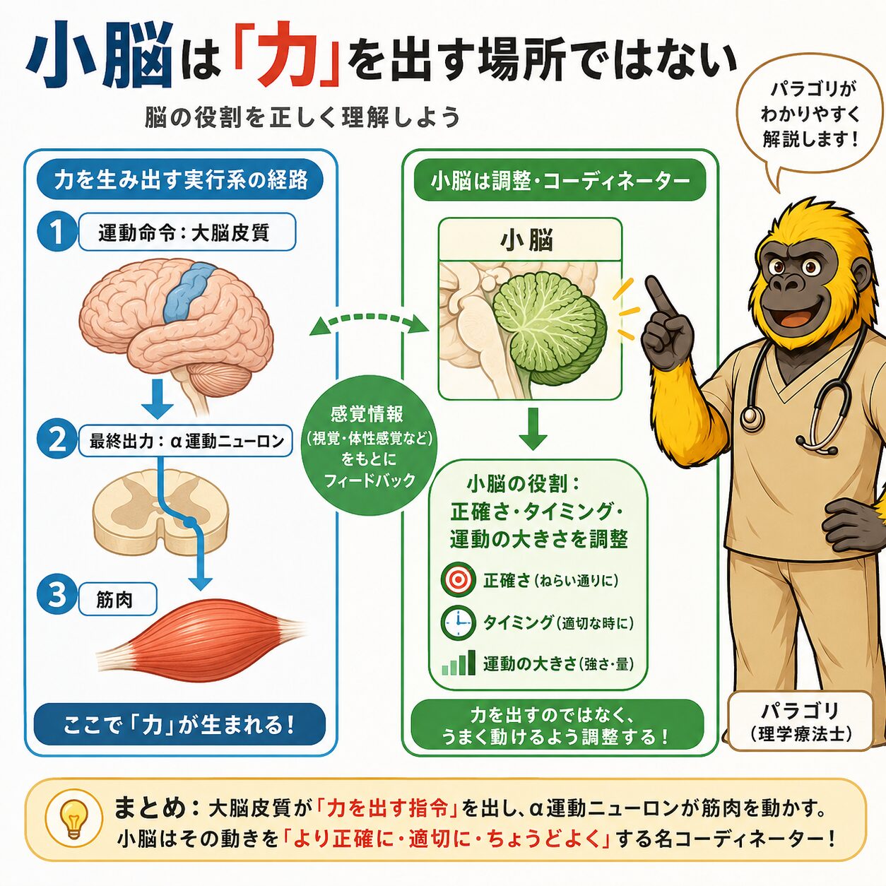 小脳は力を出す場所ではない：大脳皮質・α運動ニューロン・小脳の役割