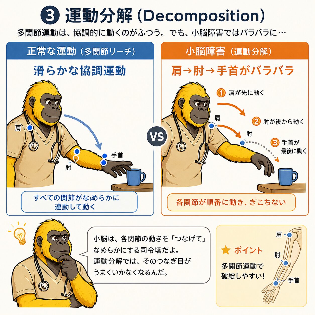 運動分解（Decomposition）：正常な協調運動 vs 小脳障害でのバラバラな動き