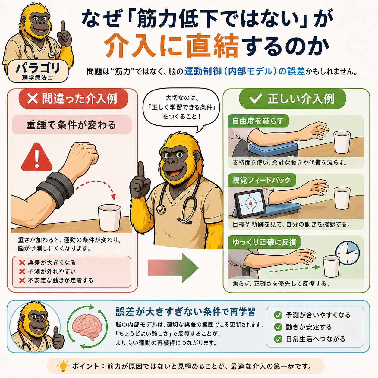 なぜ筋力低下ではないが介入に直結するのか：重錘NG・正しい介入例の比較