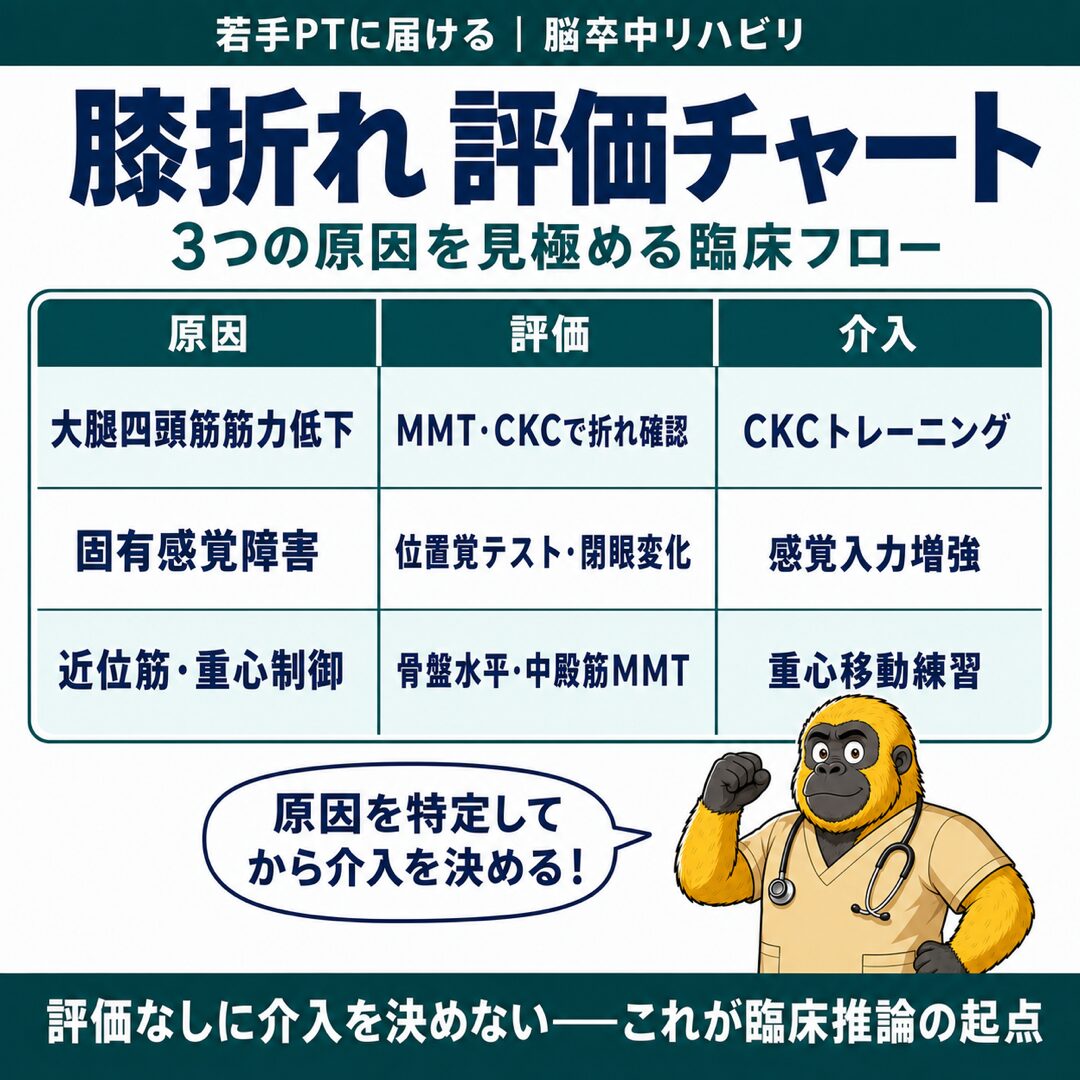 膝折れ評価チャート：3原因の見極めフロー