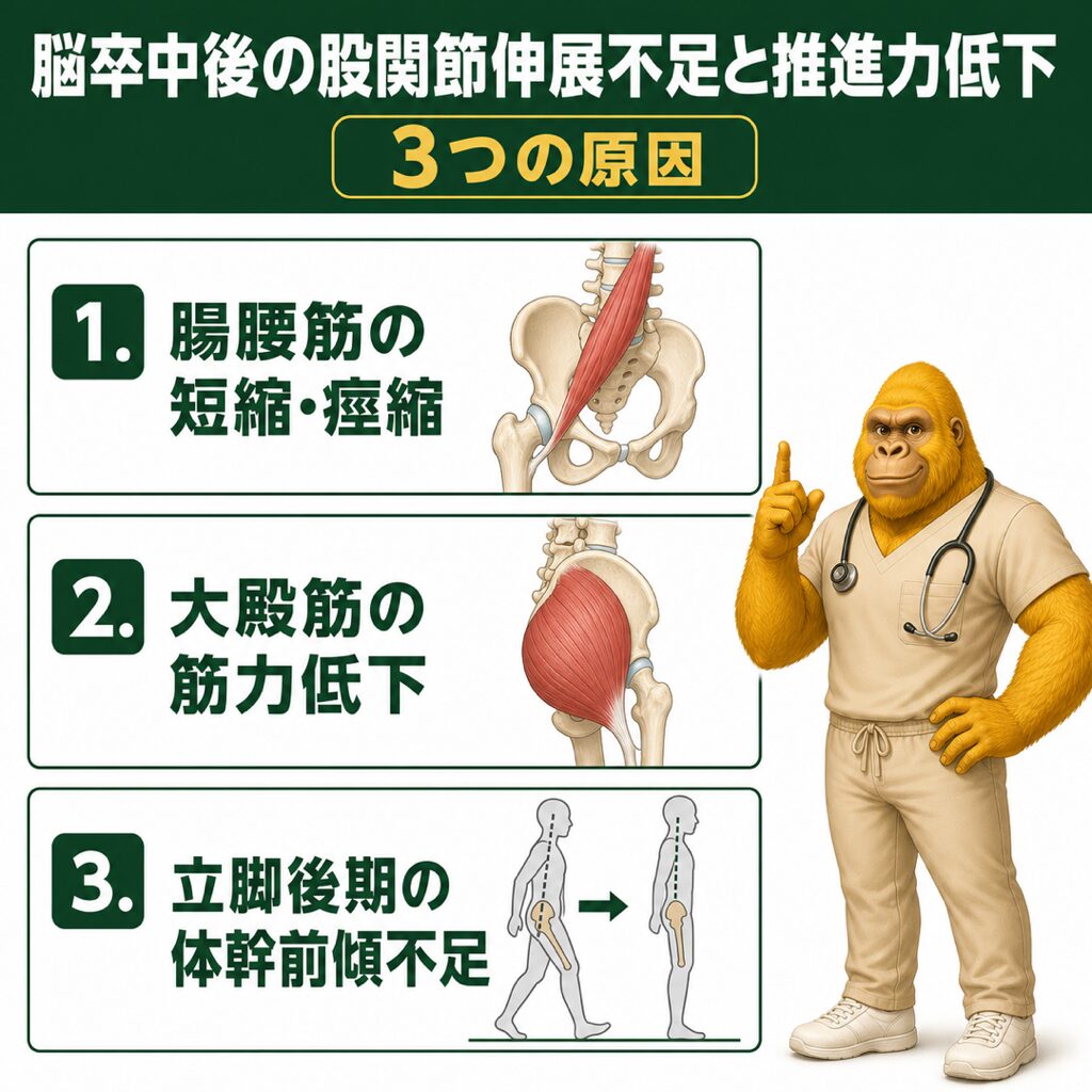 股関節伸展不足と推進力低下：3原因の概要