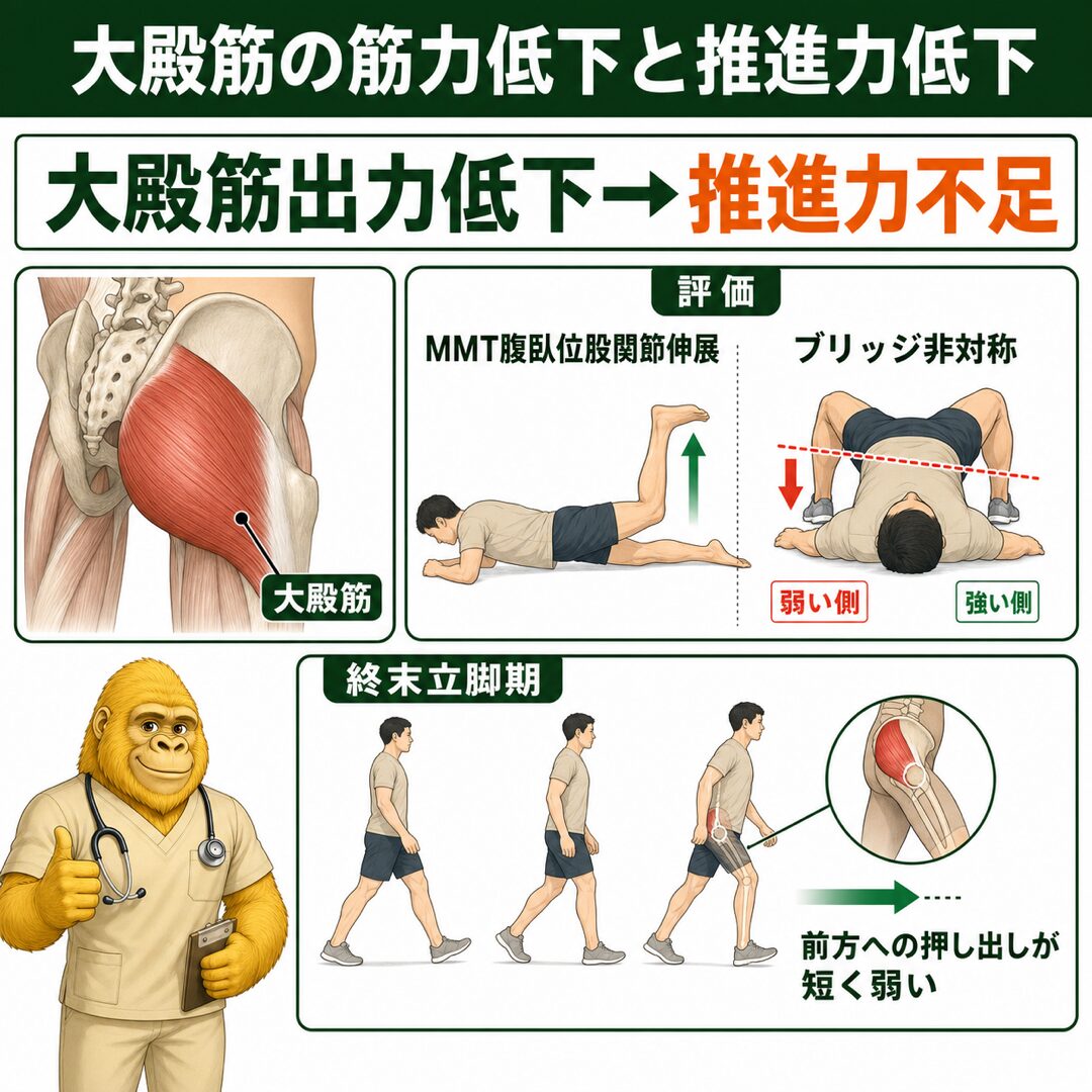 大殿筋の筋力低下と推進力低下