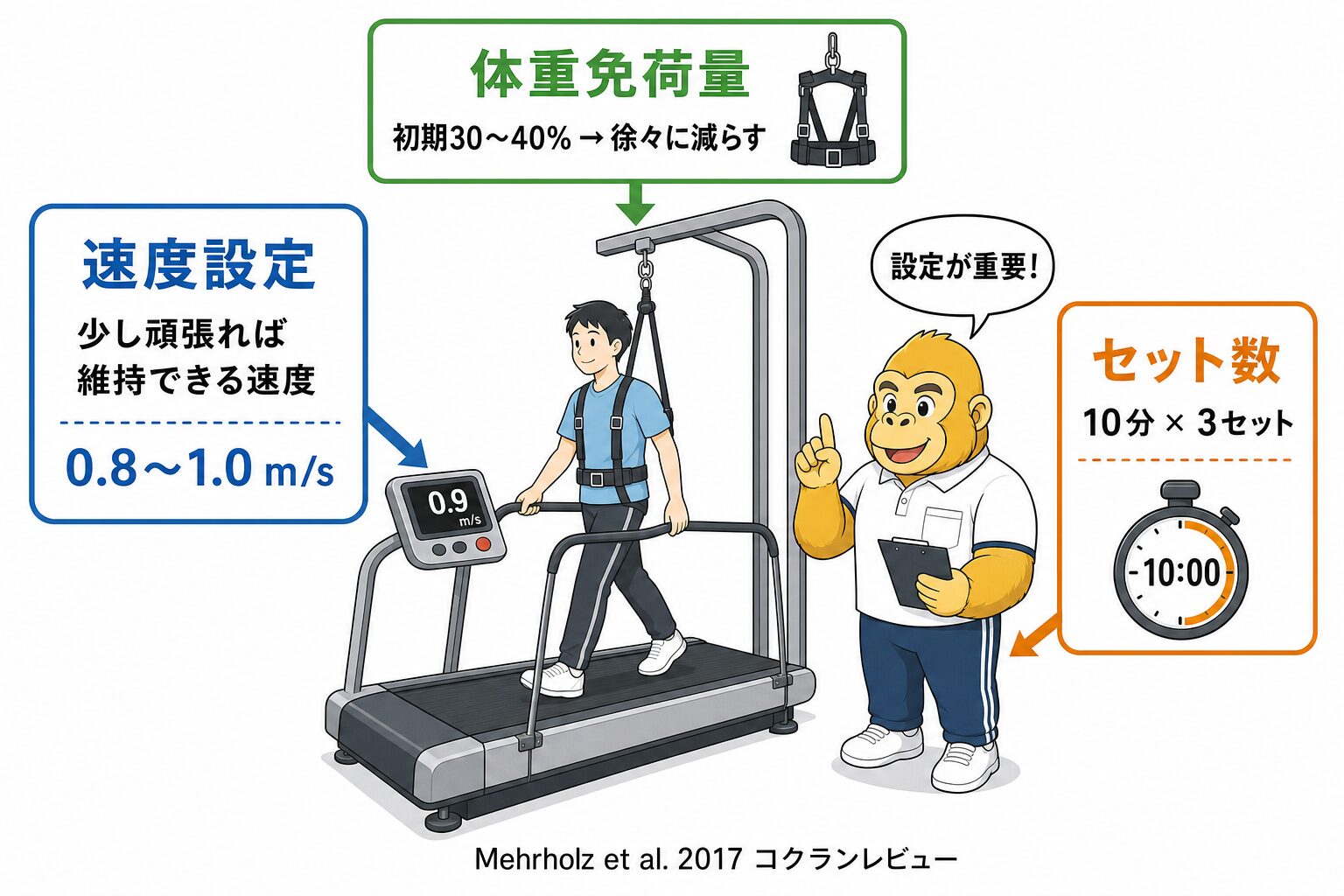 トレッドミル歩行の設定：速度・免荷量・セット数の考え方