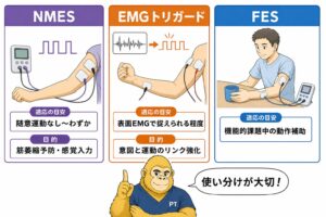 電気刺激の種類と適応：FES・NMES・EMGトリガード