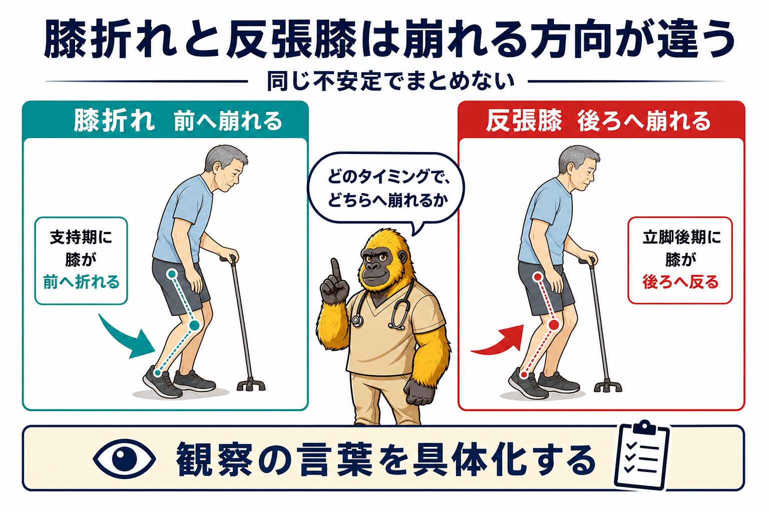 膝折れ vs 反張膝 比較チャート