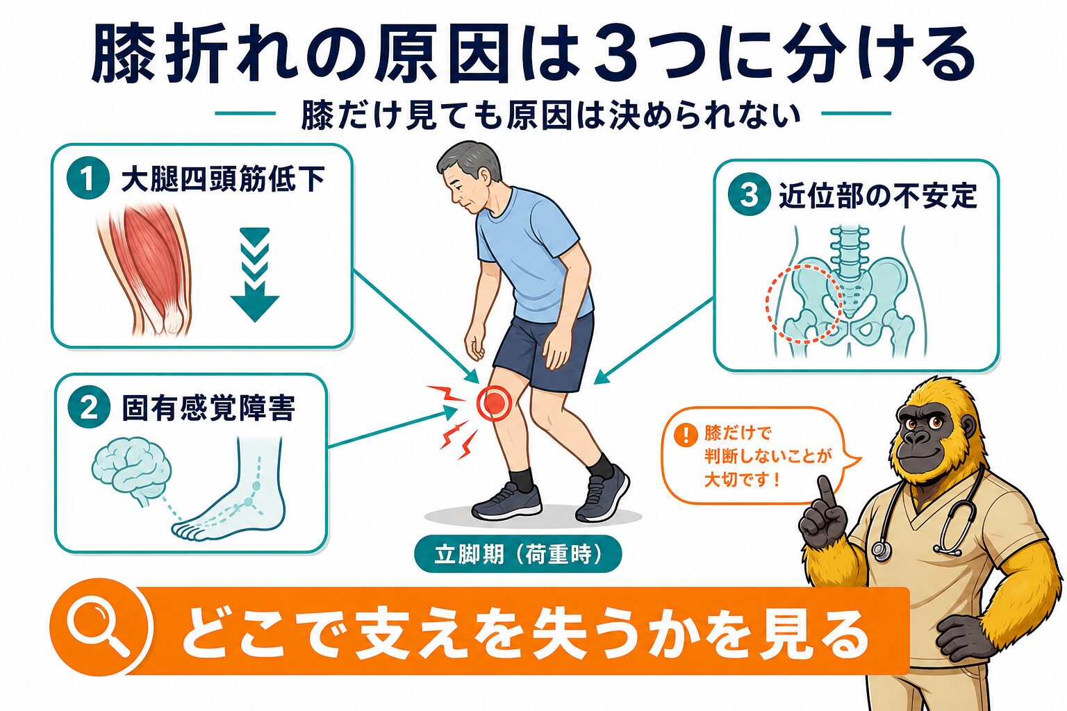 膝折れの3つの原因：概要インフォグラフィック