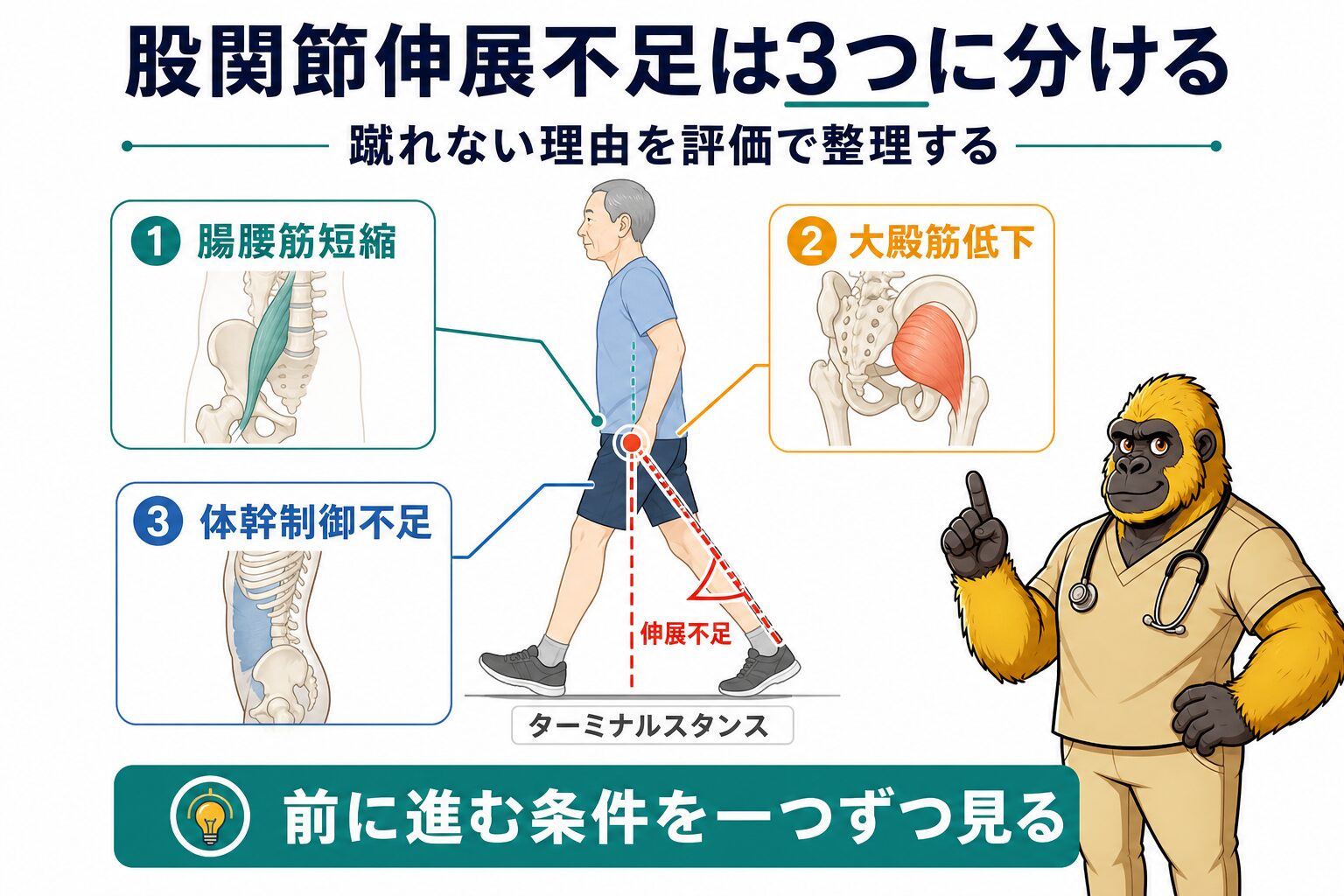 股関節伸展不足と推進力低下：3原因の概要