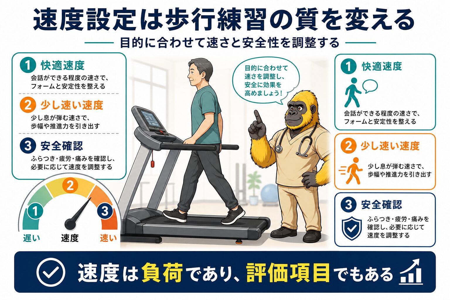 トレッドミル歩行の設定：速度・免荷量・セット数の考え方
