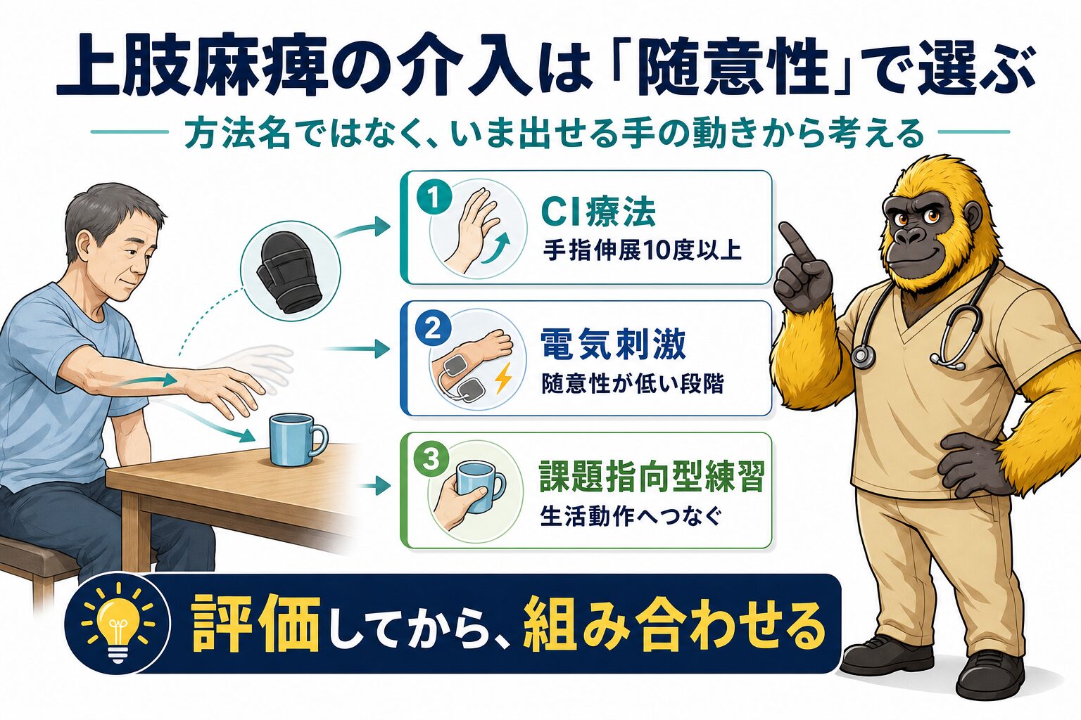 上肢麻痺への介入選択：随意機能に応じた戦略