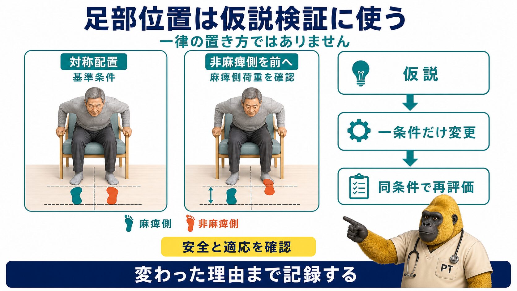 足部位置は一律処方ではなく仮説検証に使う