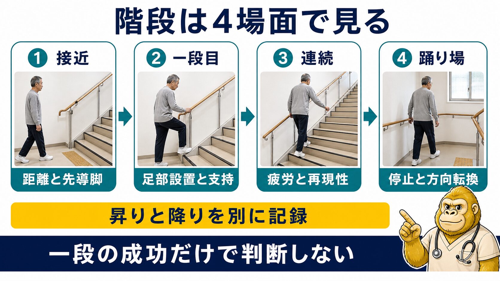 階段昇降は接近・一段目・連続・踊り場の4場面で見る