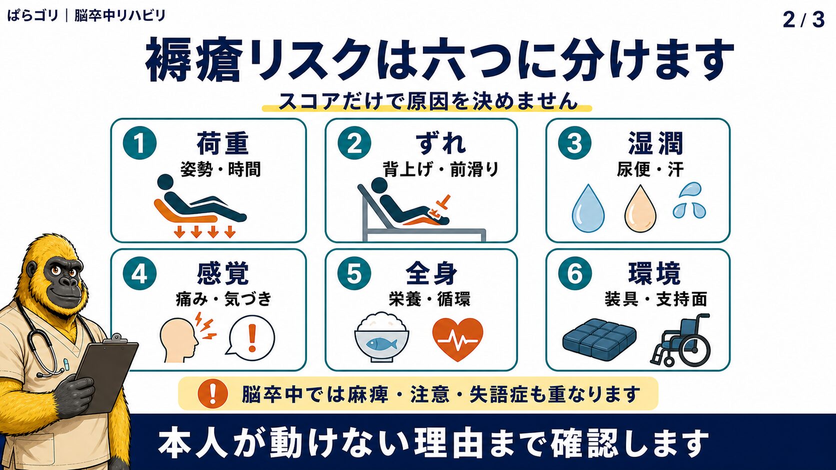 圧迫損傷リスクを移動、感覚、皮膚、循環・栄養、装具・姿勢、環境に分ける図