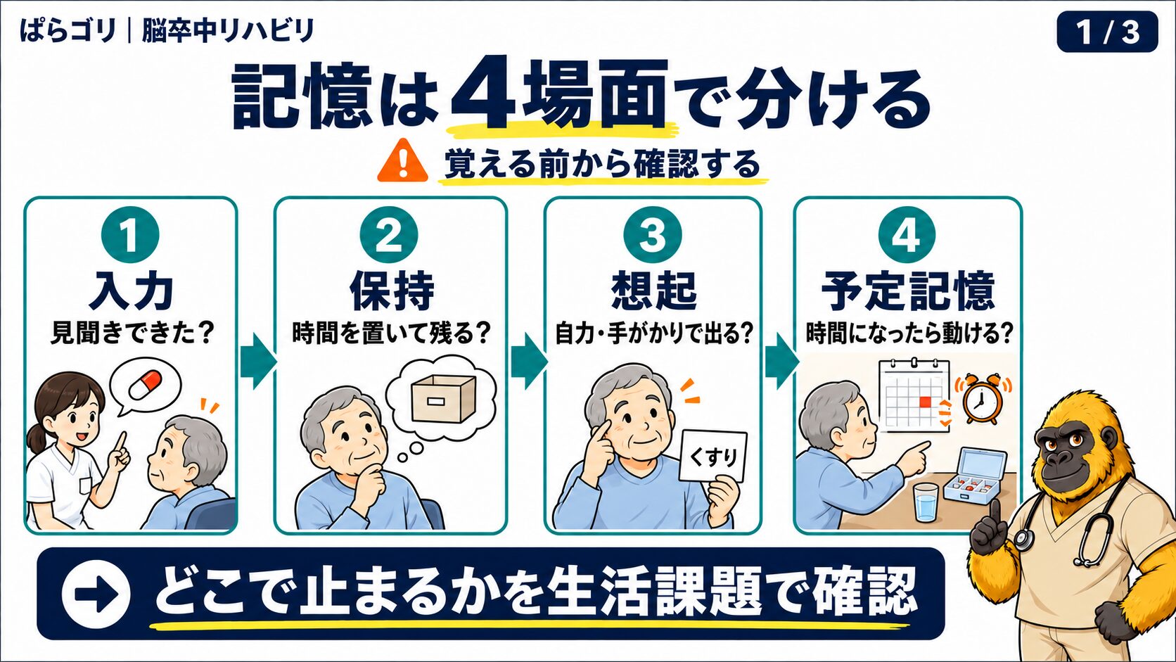 脳卒中後の記憶を入力、保持、想起、予定記憶の四場面に分ける図