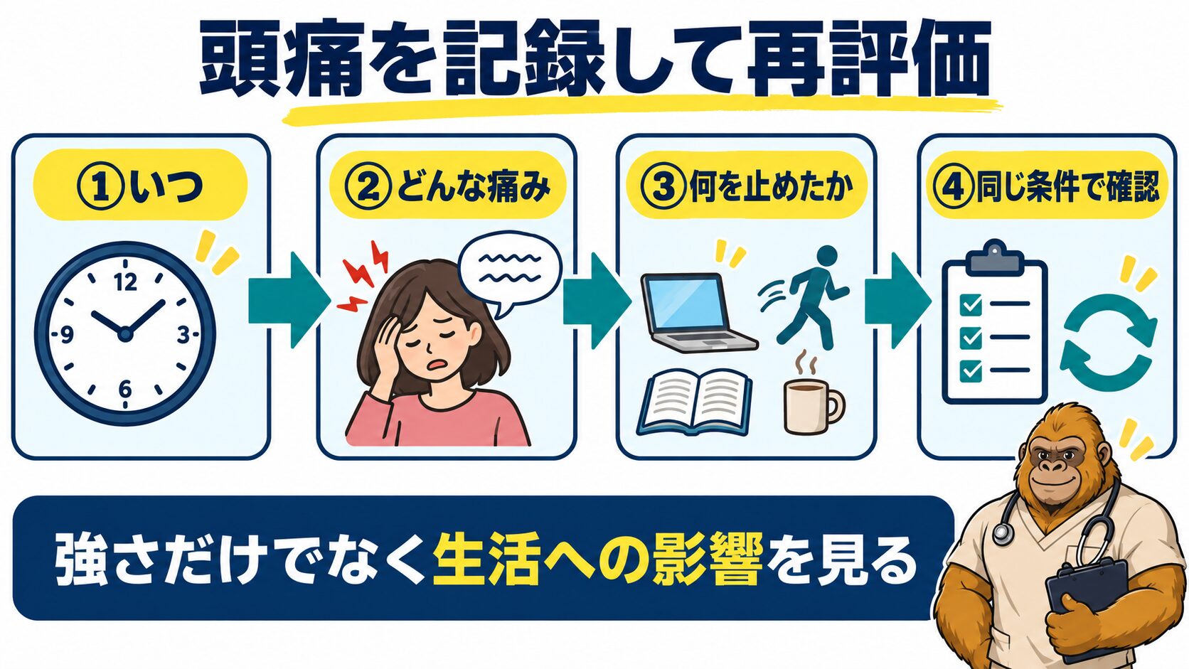 脳卒中後の頭痛を記録し活動調整と再評価へつなげる図