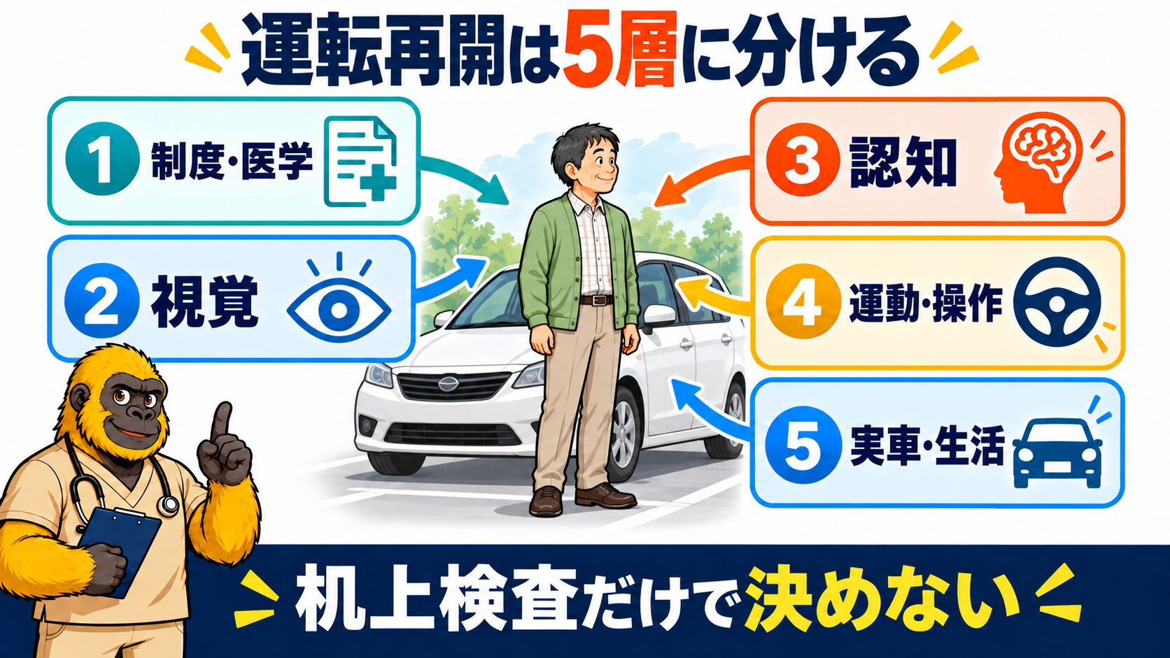 脳卒中後の運転再開を制度・視覚・認知・運動・実車に分ける図
