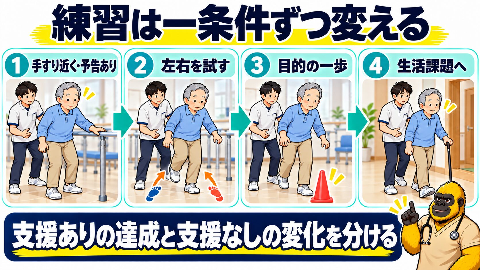 歩行開始練習を一条件ずつ段階づける図