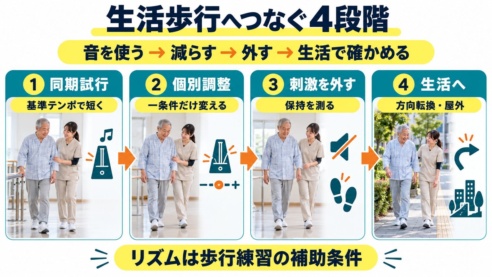 リズム刺激を生活歩行へつなぐ四段階